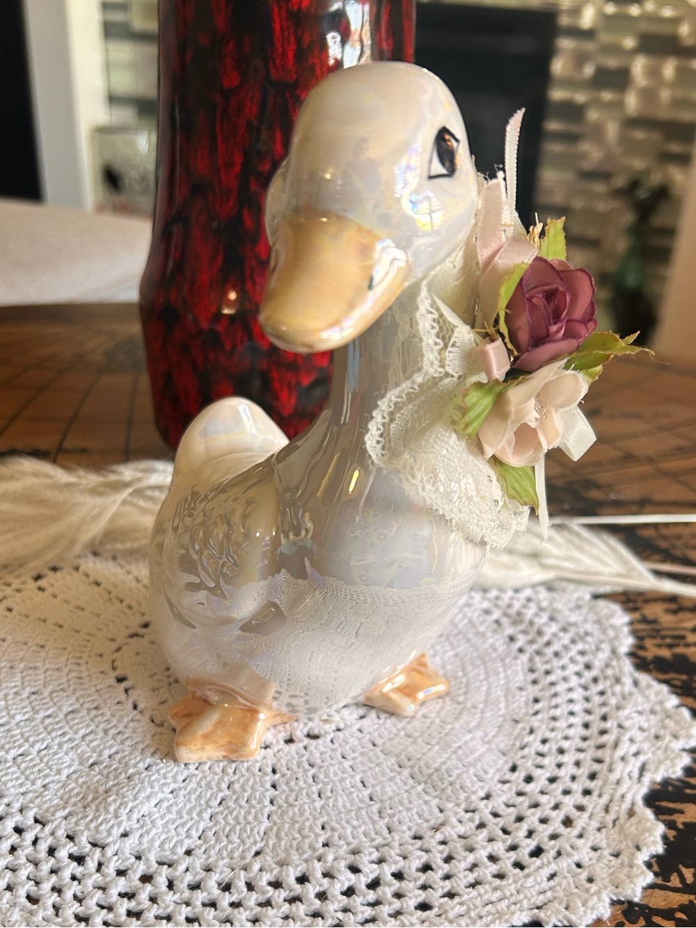 Vintage 80s Ceramic Duck Figurine with Lace Collar, Iridescent Lusterware Goose,